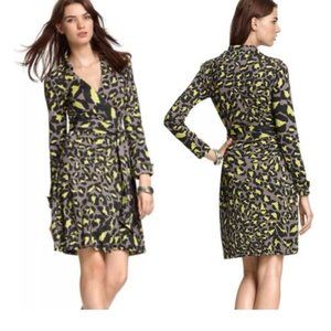 DIANE VON FURSTENBERG Jeanne silk wrap dress neon snow leopard DVF